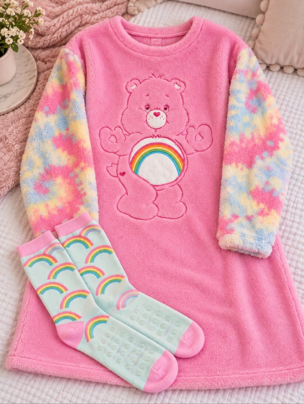 Care Bears Cheer Bear Plush Sleep Shirt Nightgown & Socks Set Pink S NWOT